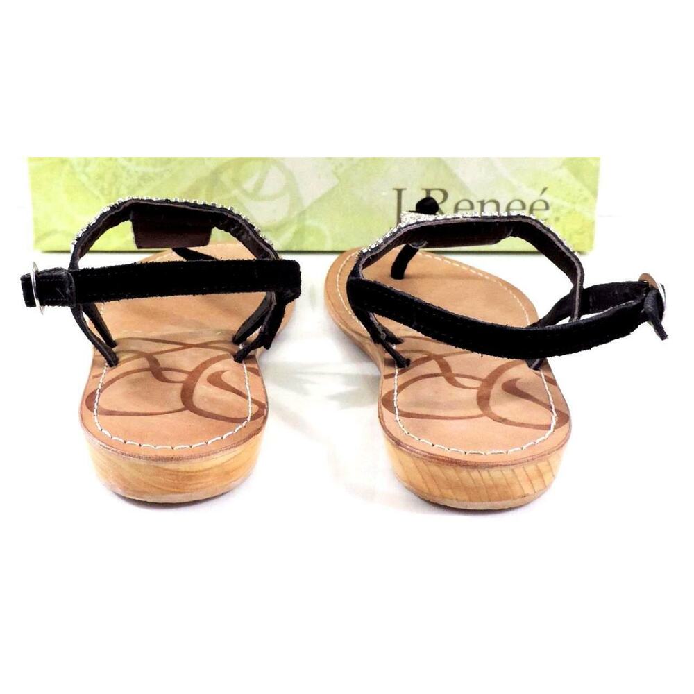 Women's J.Renee Stella Low Wedge T-Strap Sandals Rhinestone Suede Black Size 7.5 - Picture 8 of 9